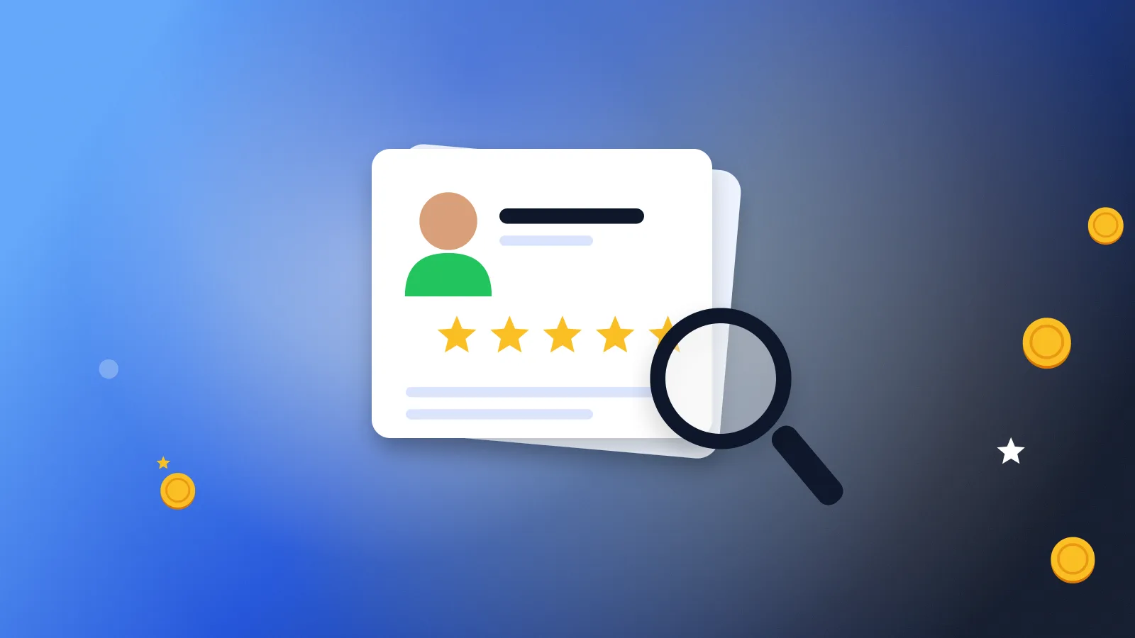 Ілюстрація до статті «Clickworker: відгук, мікрозавдання і як отримати гроші»: картка відгуку із зірками й лупа