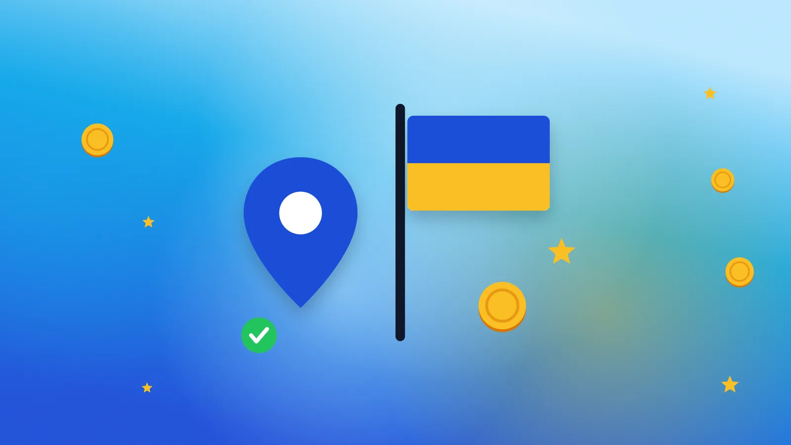Ілюстрація до статті «Як отримати оплату за дослідження в Україні: PayPal, Payoneer, подарункові картки»: мітка на мапі й прапор України