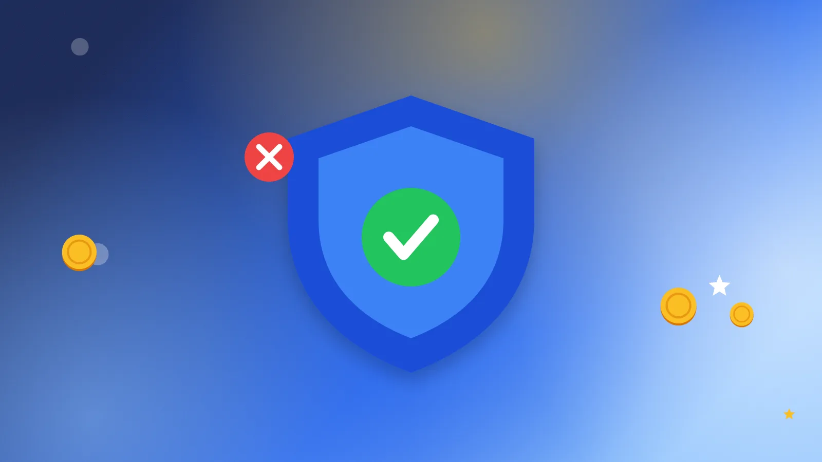 Illustration for “How not to lose your account on Prolific, Userlytics and others: the rules people break most”: a shield with a checkmark and a warning sign