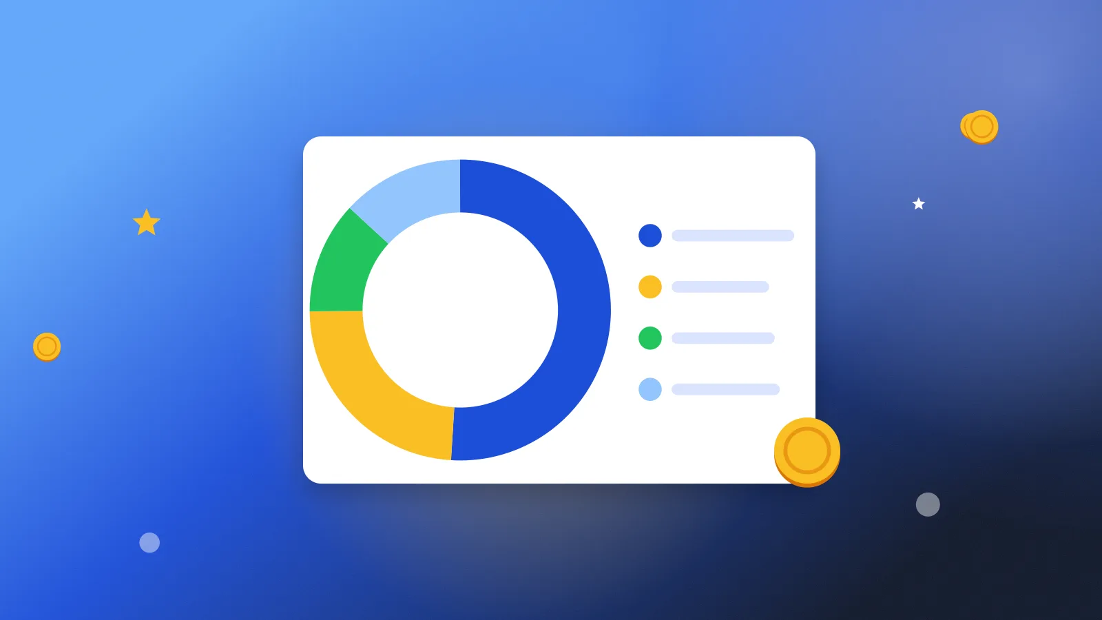 Illustration for “Paid research in 2026: LazyBounty data report and 2027 forecast”: a pie chart of shares and a coin
