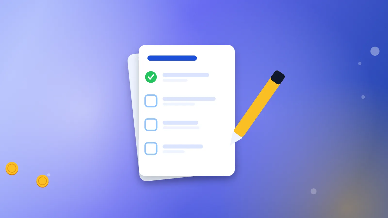 Illustration for “Paid surveys: where you get cash and where you get points”: a questionnaire with checkmarks and a pencil